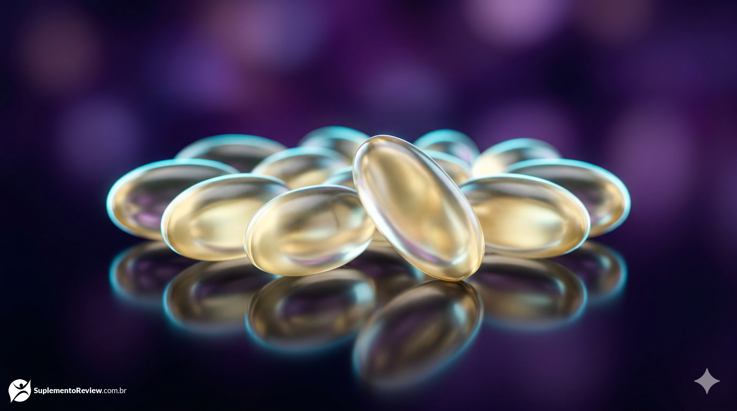 Cápsulas translúcidas de L-Carnitina e extratos termogênicos brilhando intensamente em dourado e ciano, sobre uma base reflexiva escura com fundo de luxo sombrio em roxo profundo.