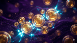 Esferas lipossomais douradas e transparentes flutuando num ambiente líquido de luxo escuro com luzes ciano e roxo profundo, em estilo macrofotográfico.