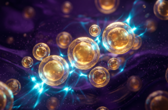 Esferas lipossomais douradas e transparentes flutuando num ambiente líquido de luxo escuro com luzes ciano e roxo profundo, em estilo macrofotográfico.
